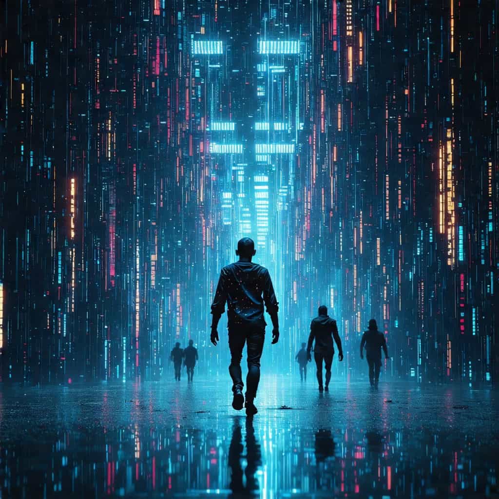 빛의 기둥이 형성된 디지털 세계 속을 걷는 사람들