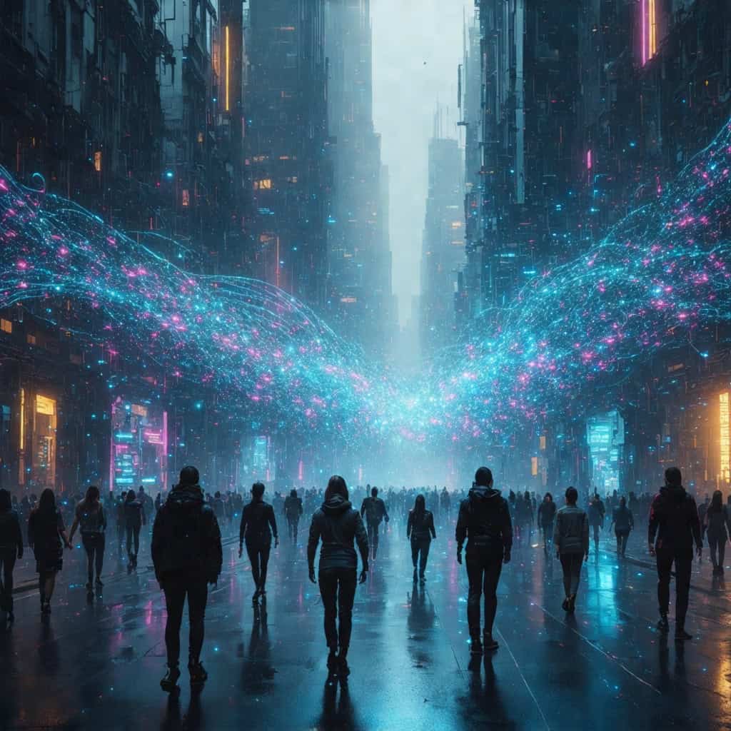 도시 위로 데이터 빛이 흐르는 사이버 네트워크 거리 풍경