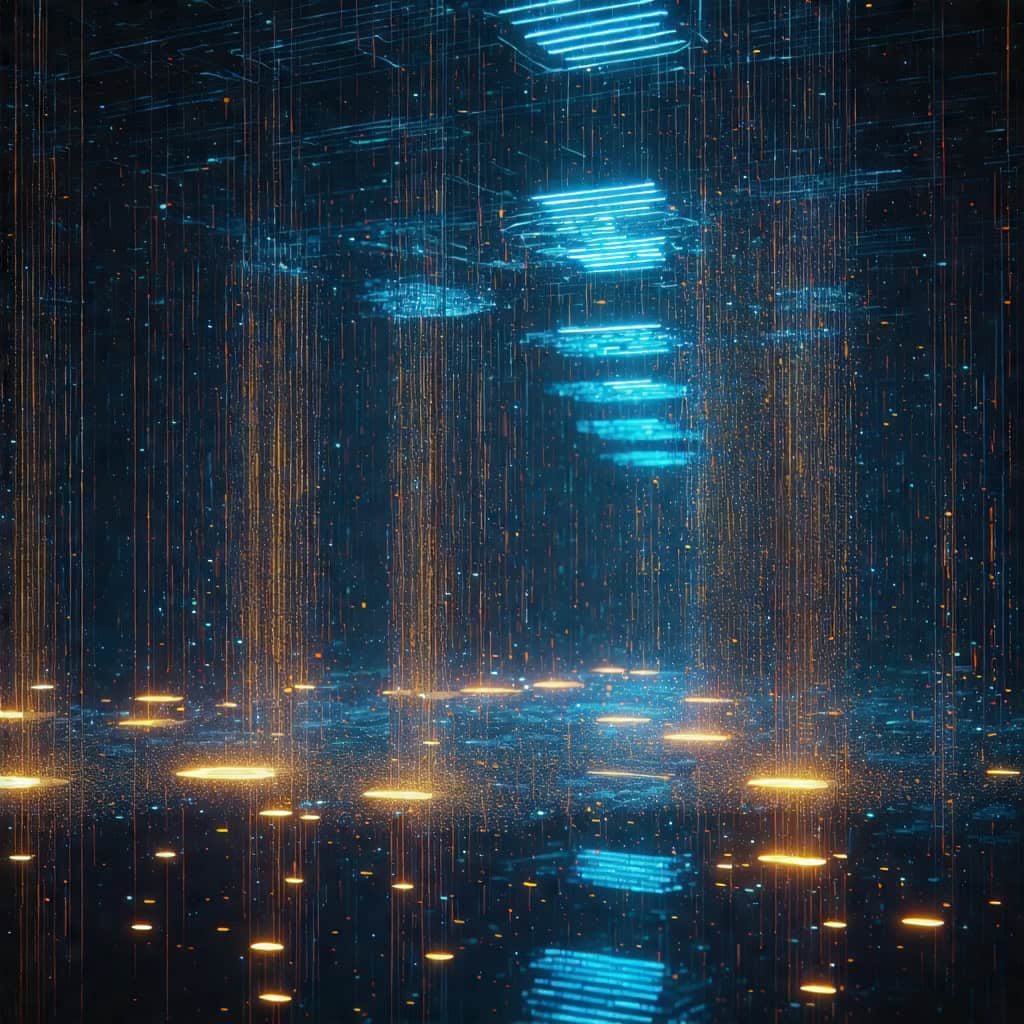 파란빛과 금빛 입자가 흐르는 미래형 데이터 네트워크 공간