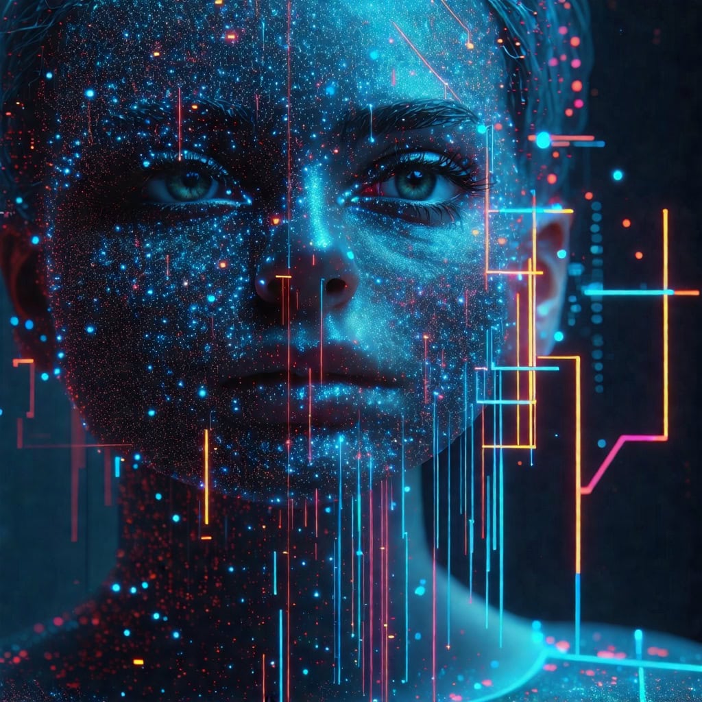 얼굴 전체에 디지털 패턴이 투사된 미래형 인물 초상