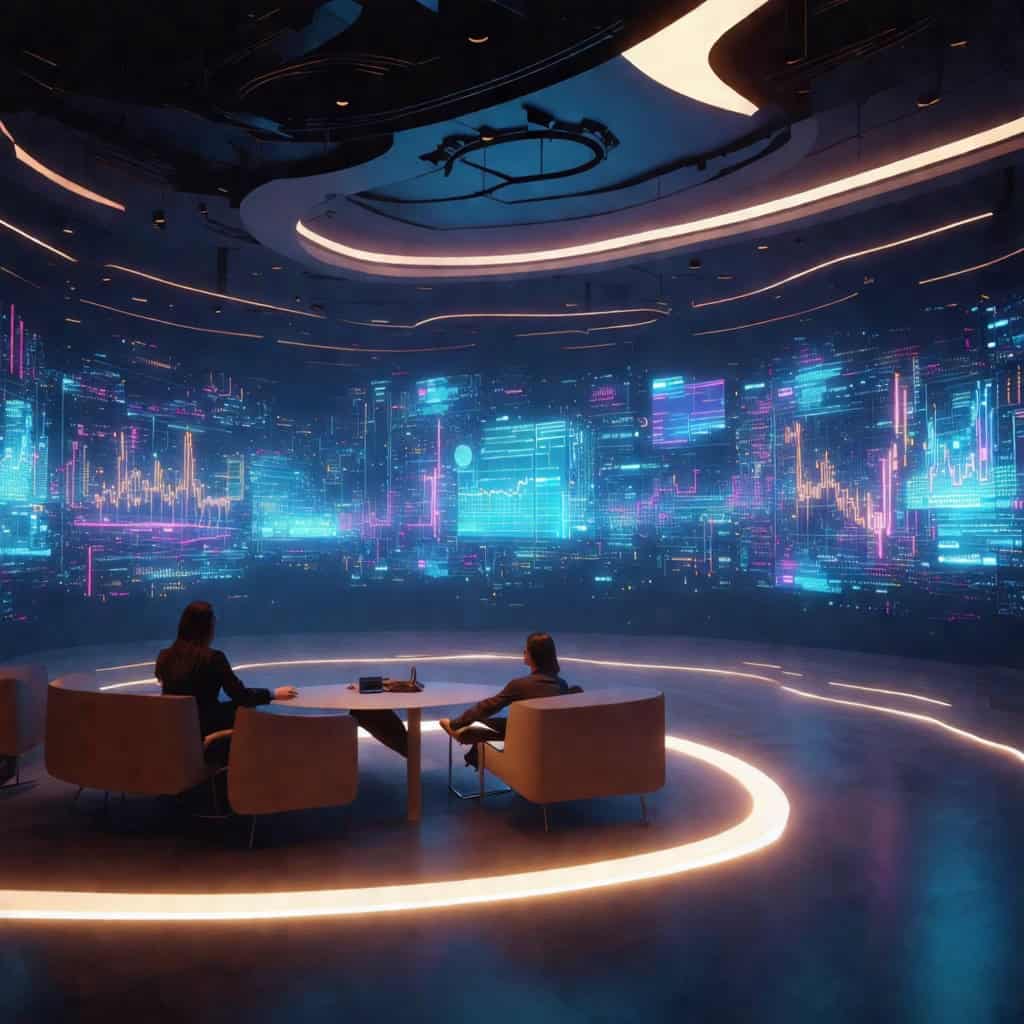 거대한 원형 홀로그램 화면 속 데이터 회의 공간