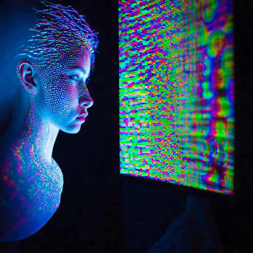 빛으로 가득한 화면을 바라보는 인공적 얼굴의 근접 이미지