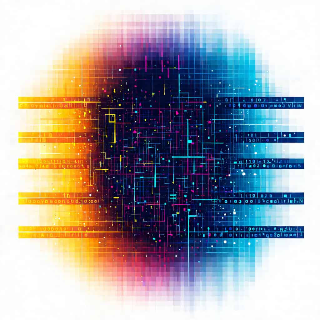 다채로운 색의 픽셀 패턴으로 구성된 데이터 시각화 아트