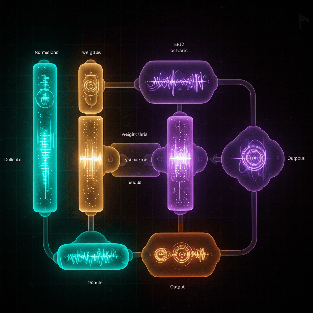 형형색색의 모듈로 구성된 추상적 데이터 흐름 다이어그램