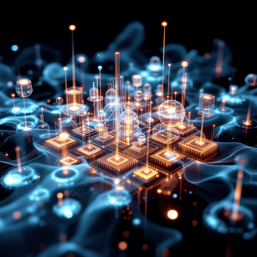 디지털 도시처럼 표현된 3D 데이터 처리 네트워크