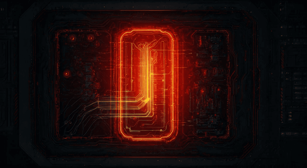 붉은 빛으로 빛나는 칩셋 코어 회로 구조