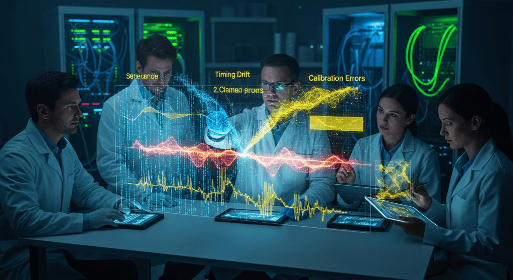 과학자들이 실험 데이터 오류를 분석하는 인터랙티브 홀로그램 장면