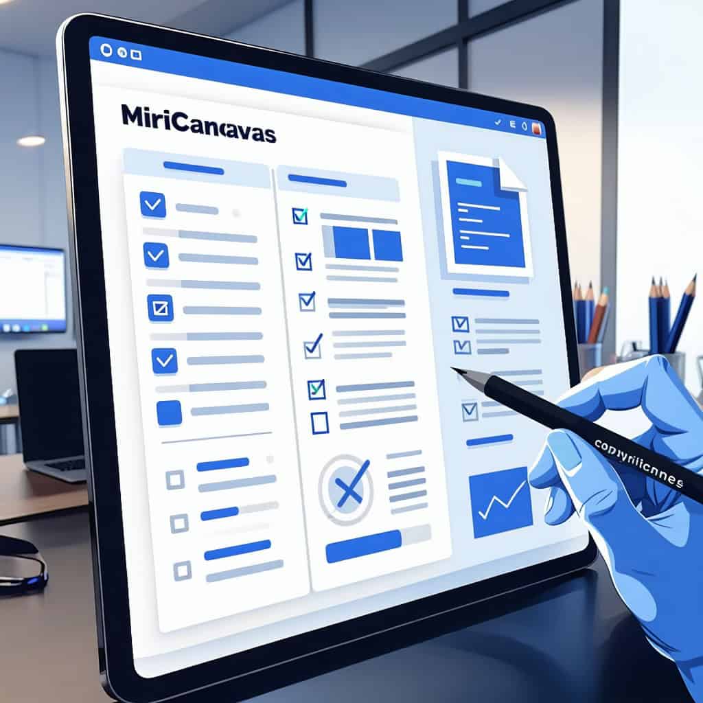 파란 장갑을 낀 손이 MiriCanvas 체크리스트 인터페이스를 태블릿 화면에서 작업하는 모습