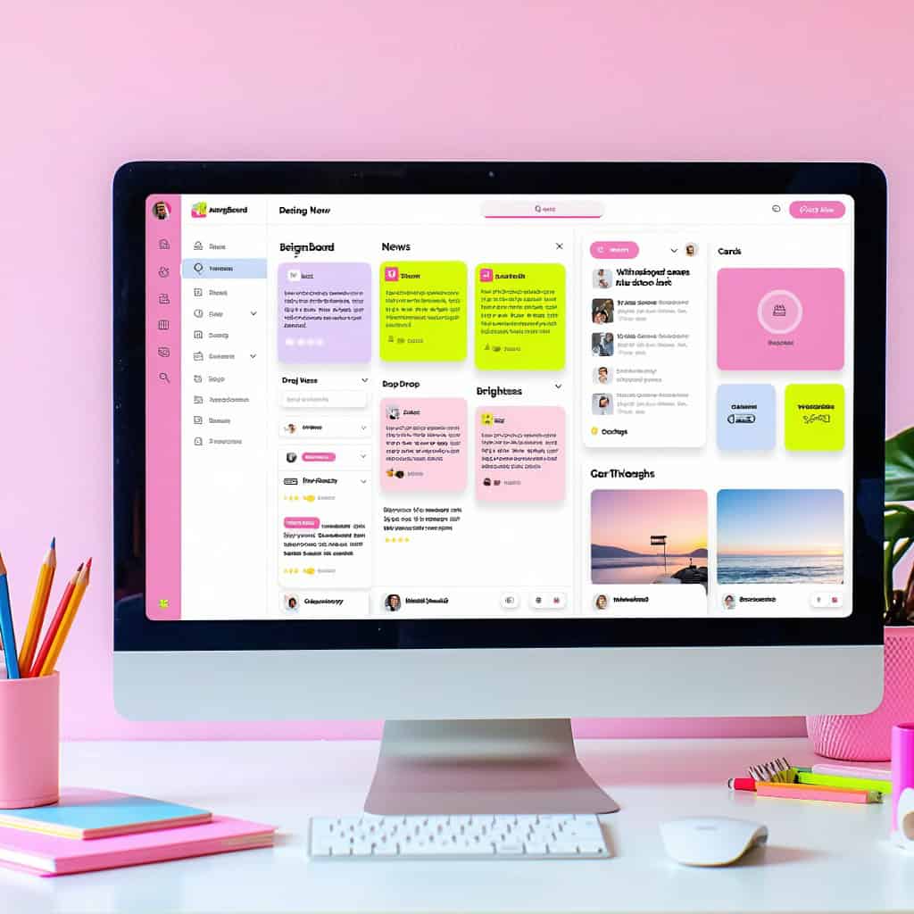 분홍색 배경 위 데스크톱에 표시된 Dating Now 보드, 뉴스, 카드가 있는 화려한 칸반 스타일 대시보드